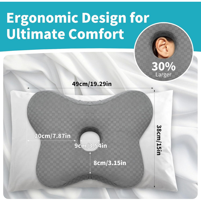 Подушка для пірсингу pozico з отвором подушка для вух для сну на боці подушка-пончик, що знімає тиск, від болю в вухах, пірсингу та хірургічних втручань чохол, який можна прати, регульований наповнювач 49x38x8 см сірого кольору