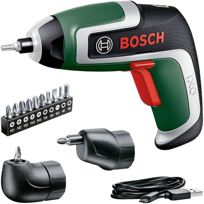 Акумуляторна викрутка Bosch IXO (7-е покоління 3,6 В 2,0 Ач 5,5 Нм в комплекті кутова та ексцентрикова насадка з кабелем micro USB