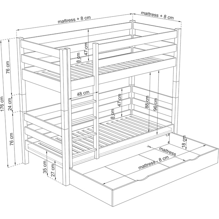 Двох'ярусне ліжко з шухлядою 120х180 см, дитяче ліжко для 2 дітей, 2 сторони складання сходів ліва або права, закруглені краї, міц