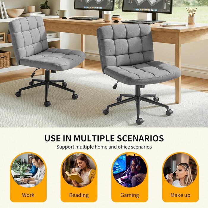 Офісне крісло Clevich без підлокітників, широке крісло з перехресним розташуванням сидіння, ергономічне крісло з регульованою висотою для домашнього офісу, кабінету, макіяжу, спальні (сіре)