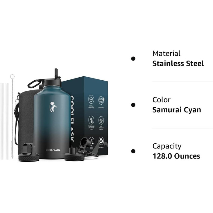 Пляшка для води Coolflask, ізольована, з соломинкою та 3 кришками, велика вакуумна пляшка з нержавіючої сталі, широкий отвір для с