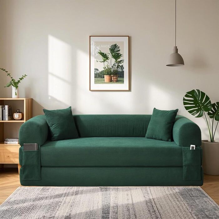 Диван BMMB з функцією сну, 203 см 3-місний диван без кісток, розкладний диван-ліжко з 2 подушками, сучасний розкладний диван-ліжко для вітальні/спальні (темно-зелений, 8025) Темно-зелений 8025