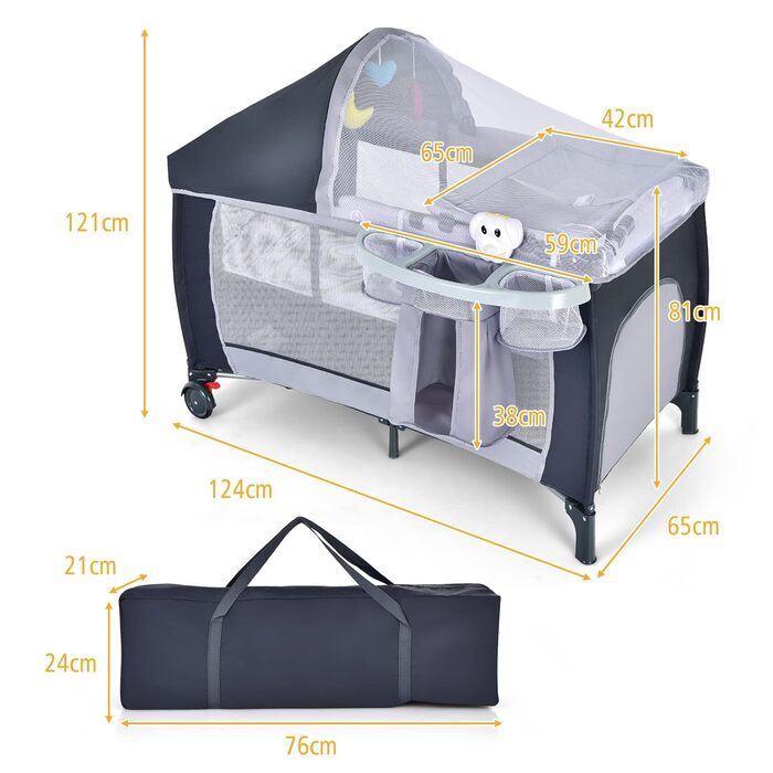 В 1 складне дорожнє ліжечко, люлька, пеленальний столик та манеж з функцією гойдання, в т.ч. музична шкатулка, ігрова дуга, пелена