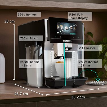 Кавомашина Siemens EQ700 iAroma сенсорний дисплей, вбудований контейнер для молока, підігрівач чашок, Cold Brew та Slow Brew, додаток Home Appliances, нержавіюча сталь чорна, TQ727D03