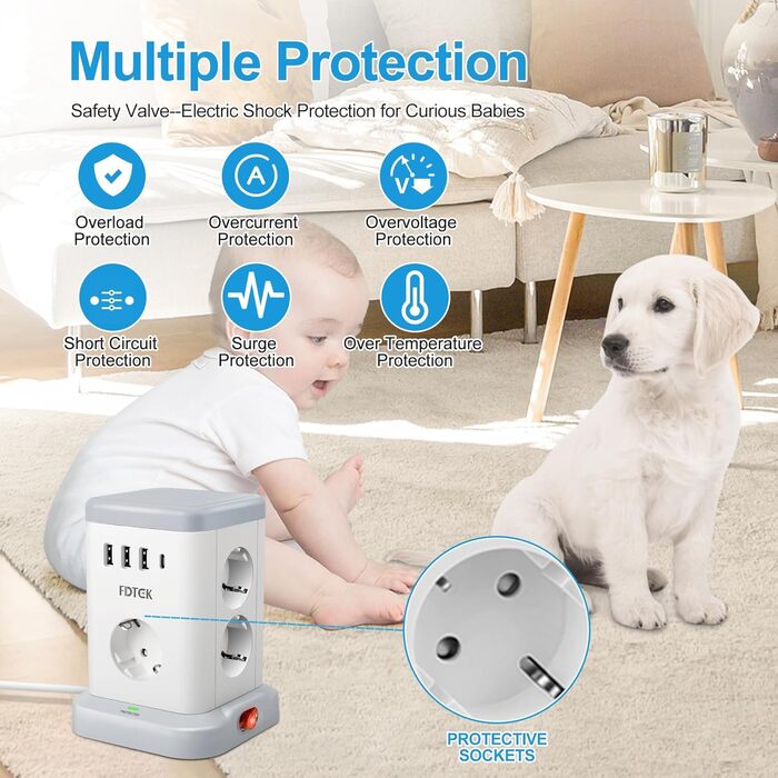В 1 багаторазова розетка з USB, 7-контактний подовжувач живлення із захистом від перенапруги з 3 USB A та 1 USB C, багаторазова вилка з вимикачем, куб розетки з кабелем 2M, розподільна розетка USB C, 11