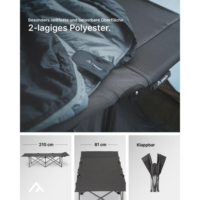 Розкладне ліжечко qeedo Quick Jimmy Travel (210 x 81 см) Стабільне кемпінгове ліжко (до 150 кг) - Темно-сіре