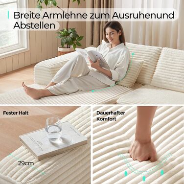 Кутовий диван LINSY HOME зі сном - Модульний розкладний диван з вельвету 270 см, L-подібний диван, 3-місний диван з пуфом, секційний диван для вітальні, не потребує складання, бежевий вельвет