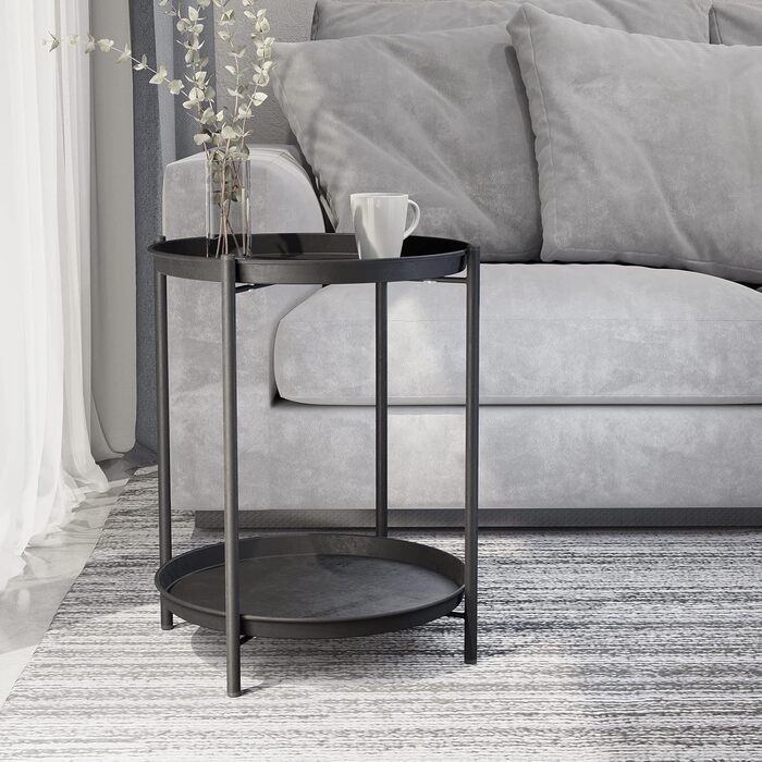 Круглий журнальний столик Grand Patio, 2 яруси, для вітальні, спальні, саду, диван-столик, тумбочка, знімний піднос, легке складання, металевий 45x45x53 см (чорний)