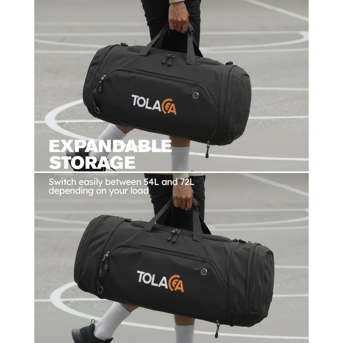 Спортивна сумка Tolaccea 56-70 л для чоловіків та жінок розширювана дорожня сумка з відділенням для взуття та відділенням для вологих речей, яку можна носити як рюкзак, для фітнесу, спортзалу, плавання, футболу, подорожей (чорна)