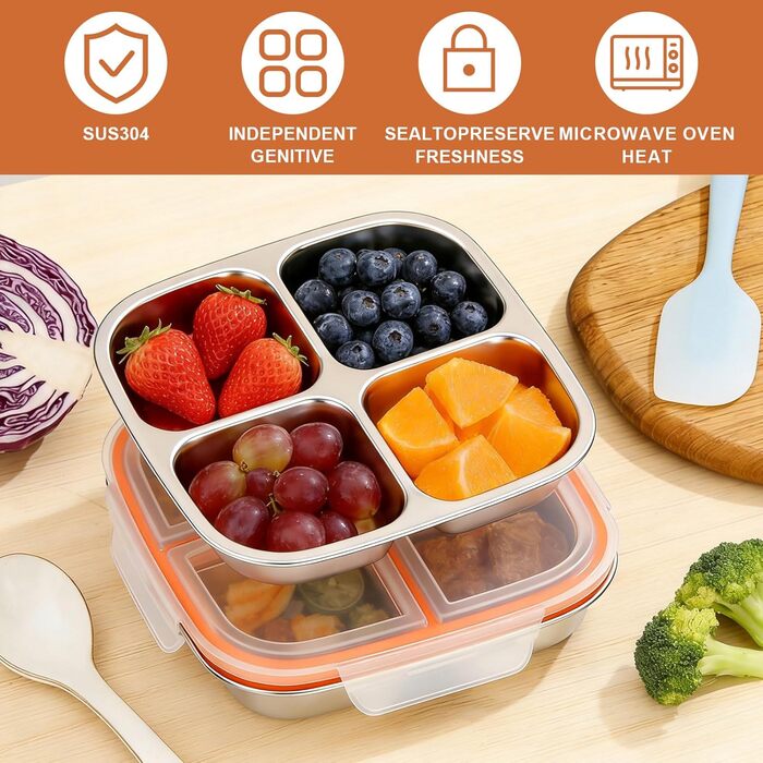 Набір з 2 контейнерів для перекусів з роздільниками, нержавіюча сталь, 17,5x17,5x4,5 см, 600 мл. Контейнер з 4 відділеннями та пластиковою кришкою, штабельовані, для зберігання їжі, сендвічів, для школи, роботи (4 відділення)