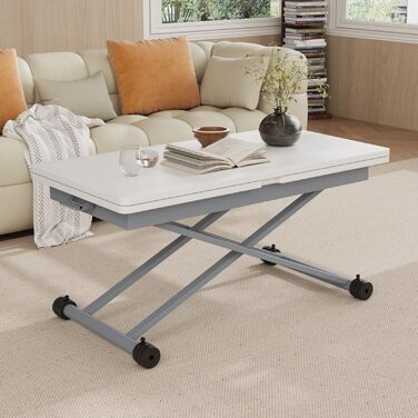 Журнальний столик VOWNER з регульованою висотою, розсувний обідній стіл 3-в-1, що економить місце, для їдальні, поворотний, трансформується у вітальню, обідній стіл, вітальню та багато іншого (білий з деревним малюнком)