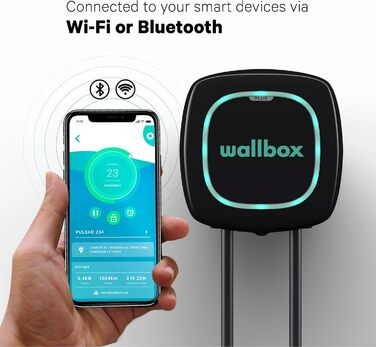 Зарядний пристрій Wallbox Pulsar Plus із зарядною потужністю до 22 кВт, штекером типу 2 та 5-метровим зарядним кабелем. Підключенн