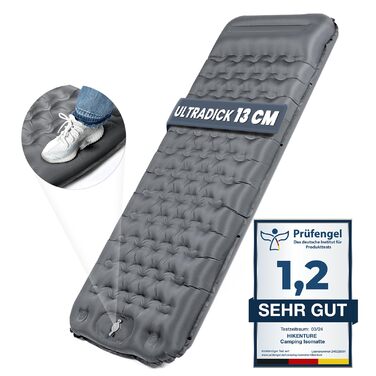 Килимок для сну HIKENTURE, 13 см ультратовстий кемпінговий килимок для сну з подушкою, надувний повітряний матрац, невеликий розмір упаковки, ультралегкий килимок для сну з ножним насосом для використання на свіжому повітрі, для походів, для намету, сірий