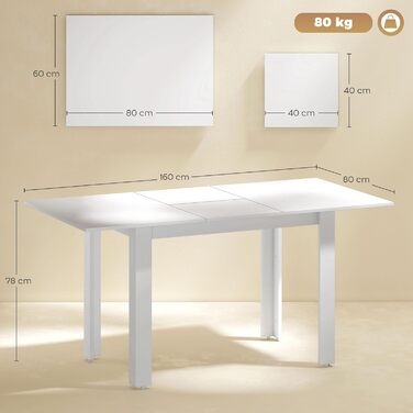 Розсувний обідній стіл HOMCOM 120-160 x 80 см Кухонний стіл для 4-6 осіб Сучасний обідній стіл для кухні, їдальні, білий глянець