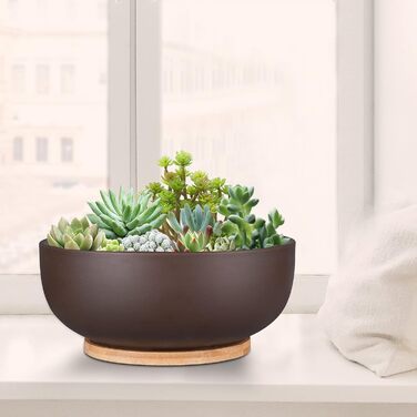 Теракотовий горщик 25 см, великий горщик для сукулентних бонсай з дренажним отвором та бамбуковим блюдцем для кімнатних рослин, коричневий