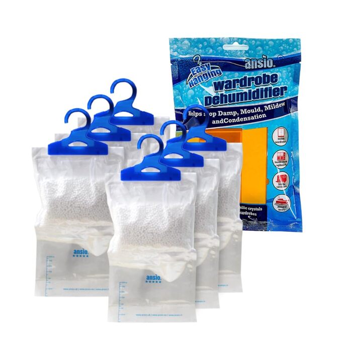 Осушувач повітря для гардеробу ANSIO, підвісні сумки, 6 шт. , пастка, осушувач конденсату для вологи, цвілі, спальні, каравана, ванної кімнати, підвалу, офісу 210 г кожен, упаковка з 6 шт.