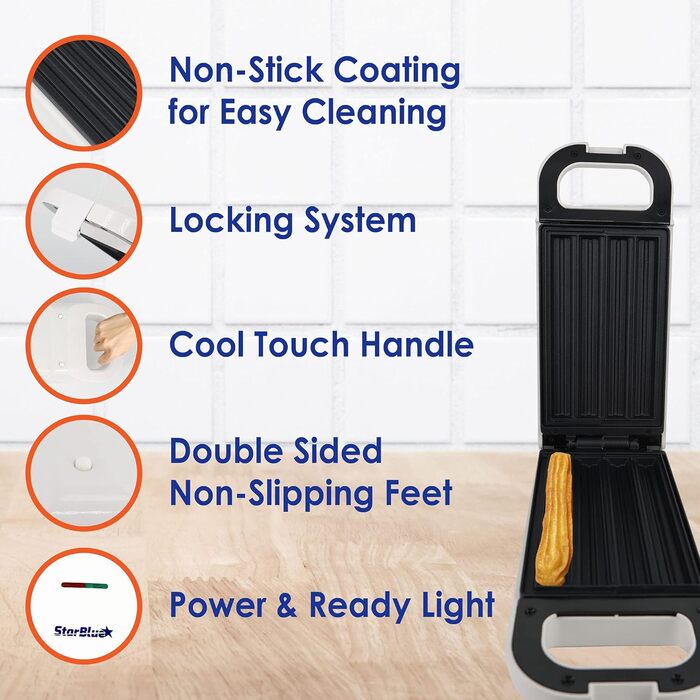 Сковорода StarBlue Churro з безкоштовною електронною книгою рецептів готуйте здорові та безмасляні чурроси всього за кілька хвилин змінний струм 220-240 В 50/60 Гц 750 Вт, вилка Великобританії, європейська вилка