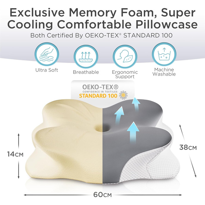 Ортопедична подушка, преміальна подушка для шиї, подушка для сну на боці, подушка для голови, подушка для підтримки шиї, подушка з піни з ефектом пам&39яті, подушка для сну на боці, спині та животі (сіра)