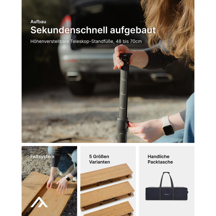 Доступний у 3 розмірах) - портативний розкладний стіл зі складною бамбуковою стільницею, регульована висота, світло-коричневий