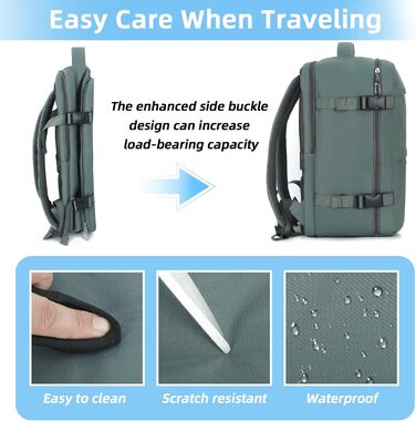 Дорожній рюкзак 20 л 40x20x25 см, ручна поклажа, сумісний з Ryanair/EasyJet, рюкзак для ноутбука 14 дюймів, легкий рюкзак для салону з відділенням для колясок, для бізнесу, навчання, подорожей - Зелений