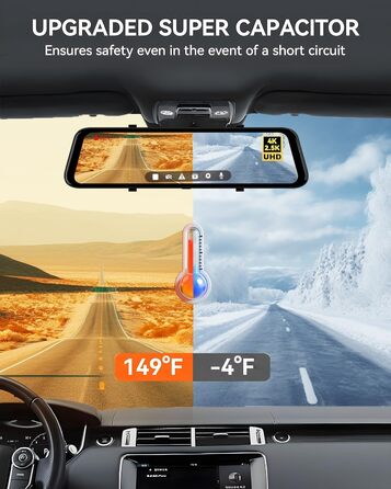 Для дзеркала заднього виду відеореєстратор для переднього та дзеркала заднього виду для автомобіля з екраном 12 дюймів, камерою WDR, нічним баченням, GPS та безкоштовною картою на 64 ГБ (G900), 4K 2.5K