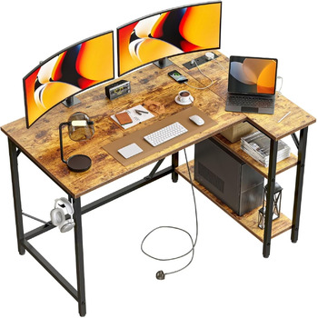 Невеликий L-подібний ігровий стіл з розетками, 140 x 70 см, кутовий комп&39ютерний стіл з великими полицями, що можна перевернути, для домашнього офісу, робоча станція для ПК з гачками для письма, навчання, рустикальний коричневий 140 x 70 см