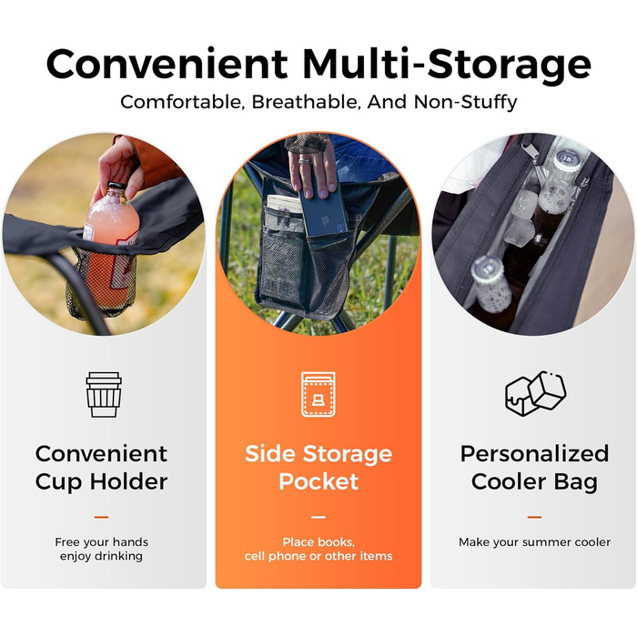 Крісло для кемпінгу KingCamp з сумкою-холодильником та тримачем для напоїв, кемпінгове крісло для дорослих, складні вуличні стільці для саду, пікніка, походів, використання в приміщенні, вантажопідйомність 136 кг, чорний