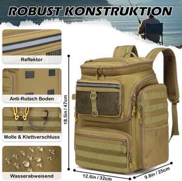 Рибальський рюкзак BlesMaller з тримачами для вудилищ, велика сумка для риболовлі, 45 л, водонепроникний рюкзак для рибальського спорядження для риболовлі, походів, кемпінгу, походів