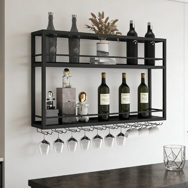 Промислова настінна винна підставка з тримачем для келихів, чорний металевий тримач для пляшок, багатофункціональна винна підставка, 2-ярусна, для домашнього бару, їдальні, кухні (1002065 см)