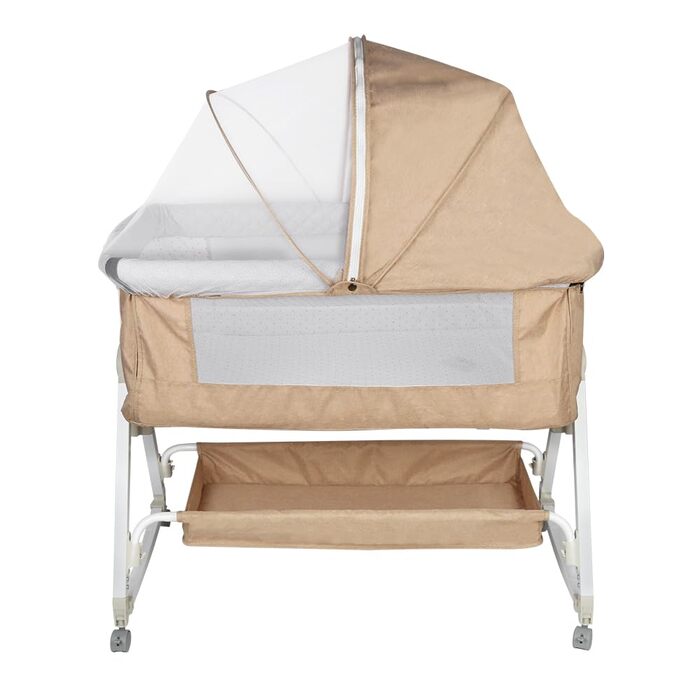 Дитяче ліжечко OHMG Side-by-Side, дитяче ліжко, дитяча колиска, дитяче ліжко 3 в 1 для новонароджених, ліжко-гойдалка для дому та подорожей з колесами, регульована висота 6 рівнів (95 * 50 * 98-110 см (бежево-білий)) 95*50*98-110 см (бежево-білий)