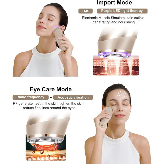 Радіочастотний та ультразвуковий пристрій для обличчя, 5 в 1 масажер для обличчя для видалення зморшок RF EMS світлотерапія, для підтяжки обличчя масаж проти зморшок проти старіння, перезаряджається від USB