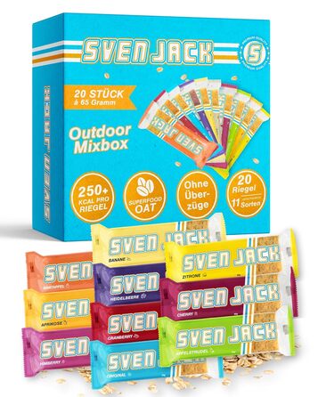 Вівсяний батончик Sven Jack (енергетичний торт) Outdoor Mix Box 20 x 65 г Оригінальний енергетичний батончик з вівсяних пластівців Веганський вівсяний батончик без лактози Довголанцюгові вуглеводи з низьким вмістом цукру Батончик мюслі 20 x 65 г (1300 г)