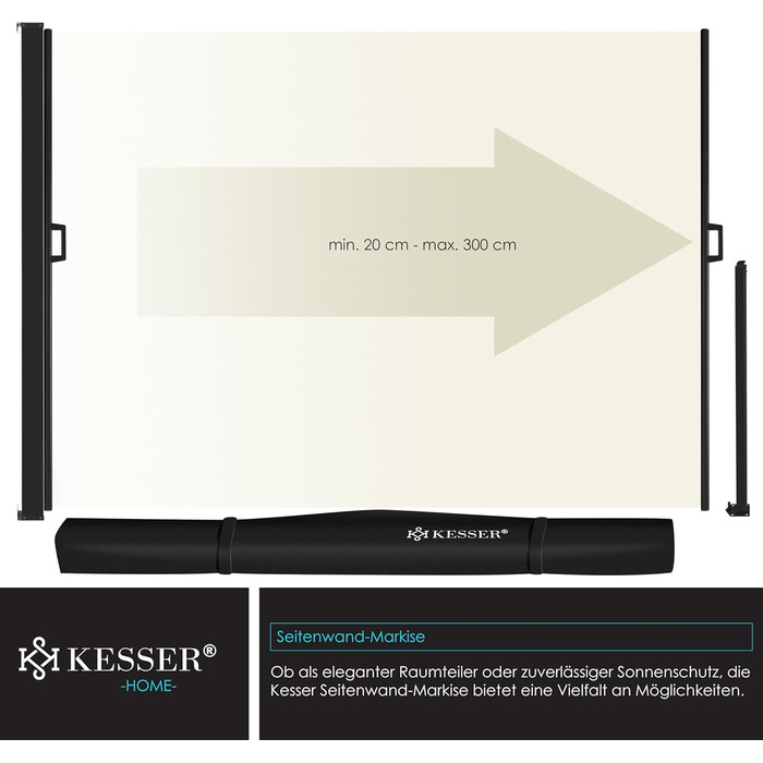 Розсувна бічна маркіз KESSER 180 x 300 см, непрозора, захист від вітру та конфіденційності для саду, балкону та тераси, бічна рулонна штора з настінним кріпленням, вкл. захист від негоди та монтажні аксесуари, бежевий 300 x 180 см