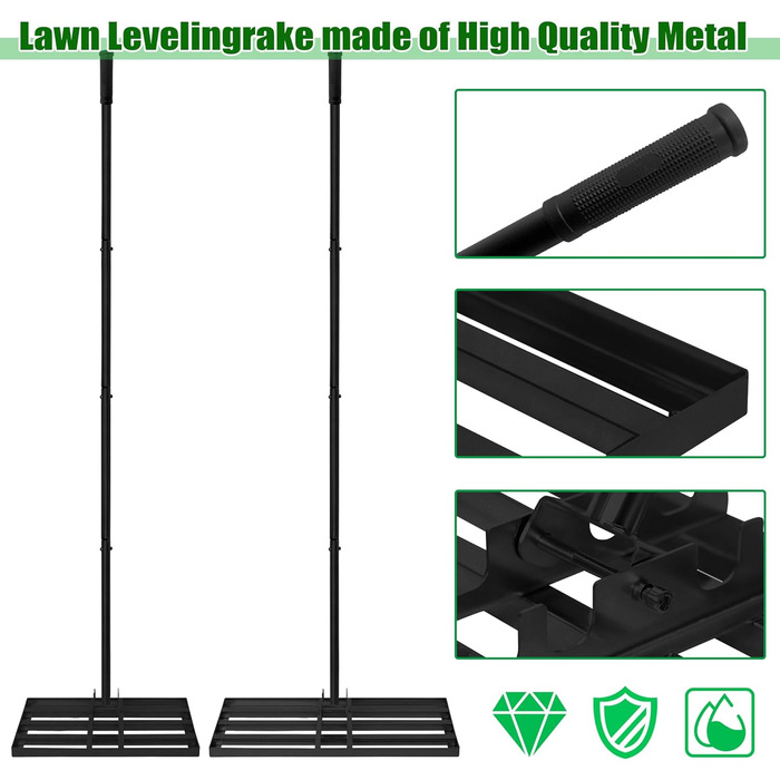 Регульована граблі-рівняч для газону з нержавіючої сталі та ергономічною ручкою. Ідеально підходить для вирівнювання газонів, розпушування ґрунту, піску та догляду за садом, двором, гольф-полем (50 x 25 см, Чорний). Розмір 50x25 см, колір - Чорний.