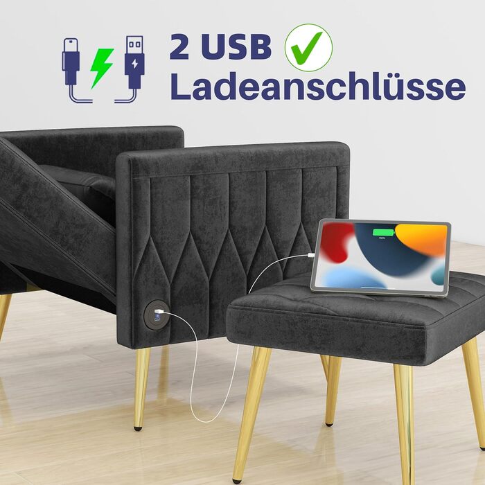 Крісло GRAVFORCE з підніжкою та підставкою, крісло для вітальні з 2 зарядними портами, крісло для читання, крісло для телевізора, м&39яке крісло, крісло-реклайнер, крісло для відпочинку, вантажопідйомність до 159 кг, стильний дизайн, оксамит, чорний