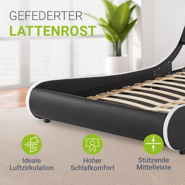 М'яке ліжко Juskys Valencia 140x200 см зі світлодіодним освітленням, рейковою рамою, узголів'ям та штучною шкірою - ліжко молодіжн