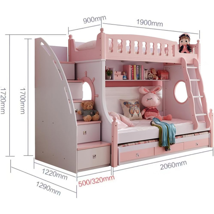Дитяче двоярусне ліжко JooTech ліжко-горище дитяче ліжко функціональне ліжко зі сходами з полицею з ящиками 3 спальних місця рожев