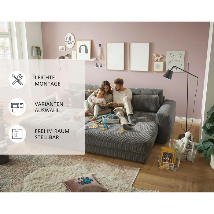 Великий диван BARURA Cord темно-сірого кольору XXL диван з великою спальною зоною, сучасний диван 292x194 см, включаючи подушки для ніг