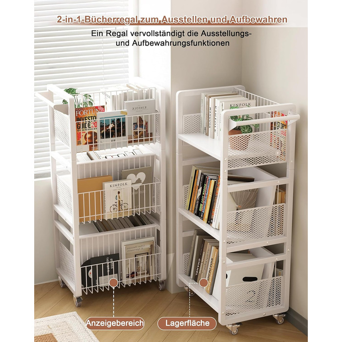 Металевий книжковий візок на колесах, вантажопідйомність 70 кг, бібліотечний візок з ручкою, 3 полиці, книжкова шафа на колесах для вітальні, спальні, офісу, бібліотеки з 3 магнітними підставками для книг білий