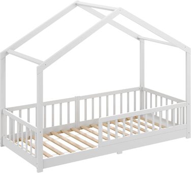 Дитяче ліжко CADANI Malte 90x200 см Ліжко-будиночок зі знімними захисними поручнями, вантажопідйомність до 200 кг, висувна рейкова основа, підлогове ліжко Монтессорі з масиву сосни, біле 90x200 см