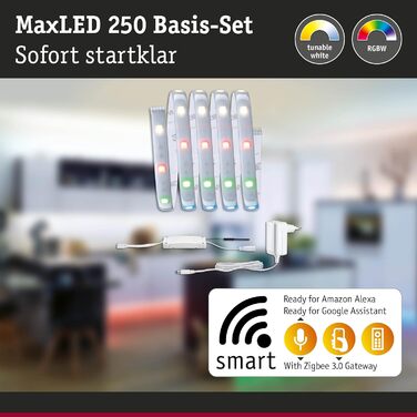 Світлодіодна стрічка MaxLED 250 Базовий набір Розумний дім Zigbee 1,5 м IP44 9 Вт 300 лм 30 світлодіодів/м RGBW 24 ВА з можливістю затемнення Сріблястий пластик, 78865