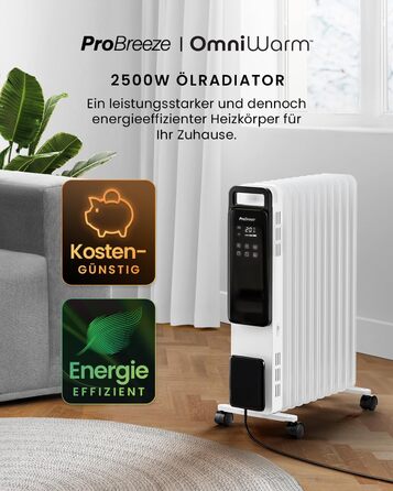 Масляний радіатор Pro Breeze OmniWarm потужністю 2500 Вт з 11 ребрами, електричним нагрівом - енергозберігаючий масляний радіатор, 3 режими нагріву, регульований термостат, 24-годинний таймер, сенсорний дисплей та функція безпечного відключення, білий - н