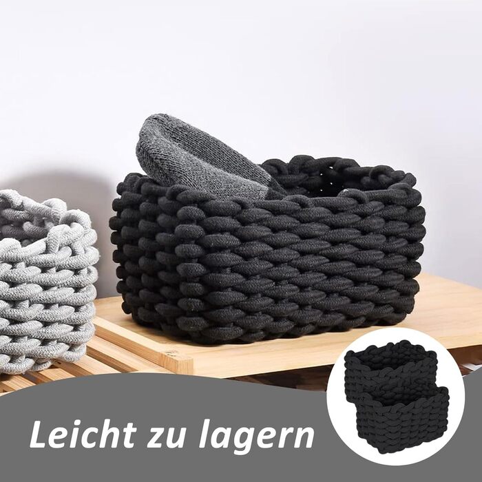 Кошик для зберігання, 2 шт., плетений бавовняний в&39язаний кошик, 19x15x12 см, плетений кошик для зберігання, плетена бавовняна мотузка, для спальні, коробки для зберігання у вітальні (чорні), чорні, 2 шт.