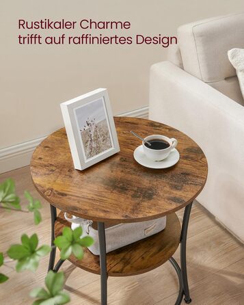 Круглий бічний столик VASAGLE, 2-ярусний журнальний столик, консольний столик, сталевий каркас, для невеликих приміщень, вітальні, спальні, вінтажний коричневий-чорний LET56BX Вінтажний коричневий чорнильний без подовжувача