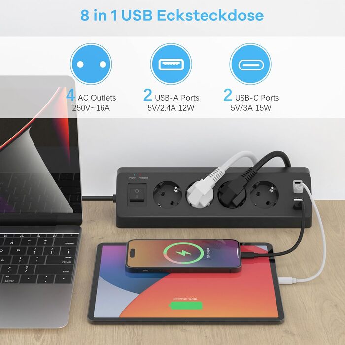 Кутова розетка з 2 USB і 2 Type-C, 4-х секційна розетка з вимикачем, захист від перенапруги з подовжувачем і кабелем 2M для кухні