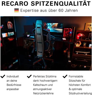 Ергономічне ігрове та офісне крісло RECARO AER Essential 2-в-1 Сертифіковане для офісу Преміальна оббивка Зроблено в Німеччині Гнучке регулювання - до 150 кг, колір Midnight Black
