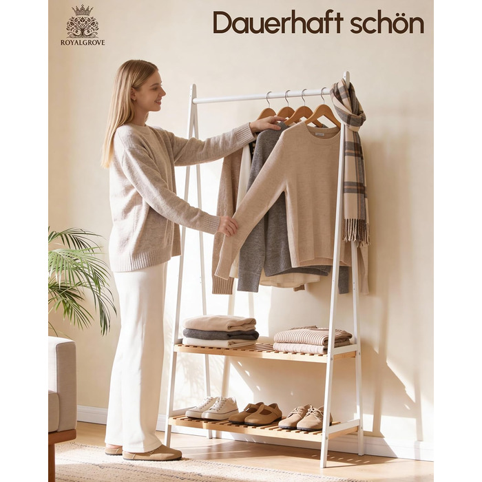 Вішалка для одягу з 2 полицями з білого бамбука, шафа-тумба з міцною рейкою для одягу, шафа з полицею для взуття, для передпокою, спальні, 160 x 80 x 44 см (білий)