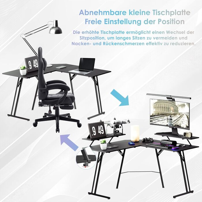 Ігровий стіл UISEBRT L-подібної форми 120 x 120 см з підставкою для монітора, ергономічний великий комп&39ютерний стіл з вуглецевого волокна, кутовий стіл для домашнього офісу - чорний
