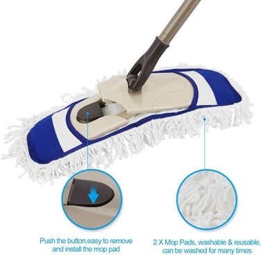 Швабра для підлоги Eyliden з 2 чохлами з мікрофібри, заміна швабри одним дотиком з телескопічною ручкою для миття підлоги, плоска