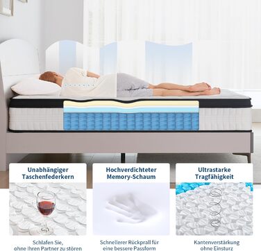 Матрац 140x200 см, висота 24 см, середньої жорсткості (H3/H4), ортопедичний 7-зонний пружинний матрац 140x200 з комфортною піною, сертифікований Oeko-Tex, 480 пружин кишенькового типу на 2 м, 140x200x24 см